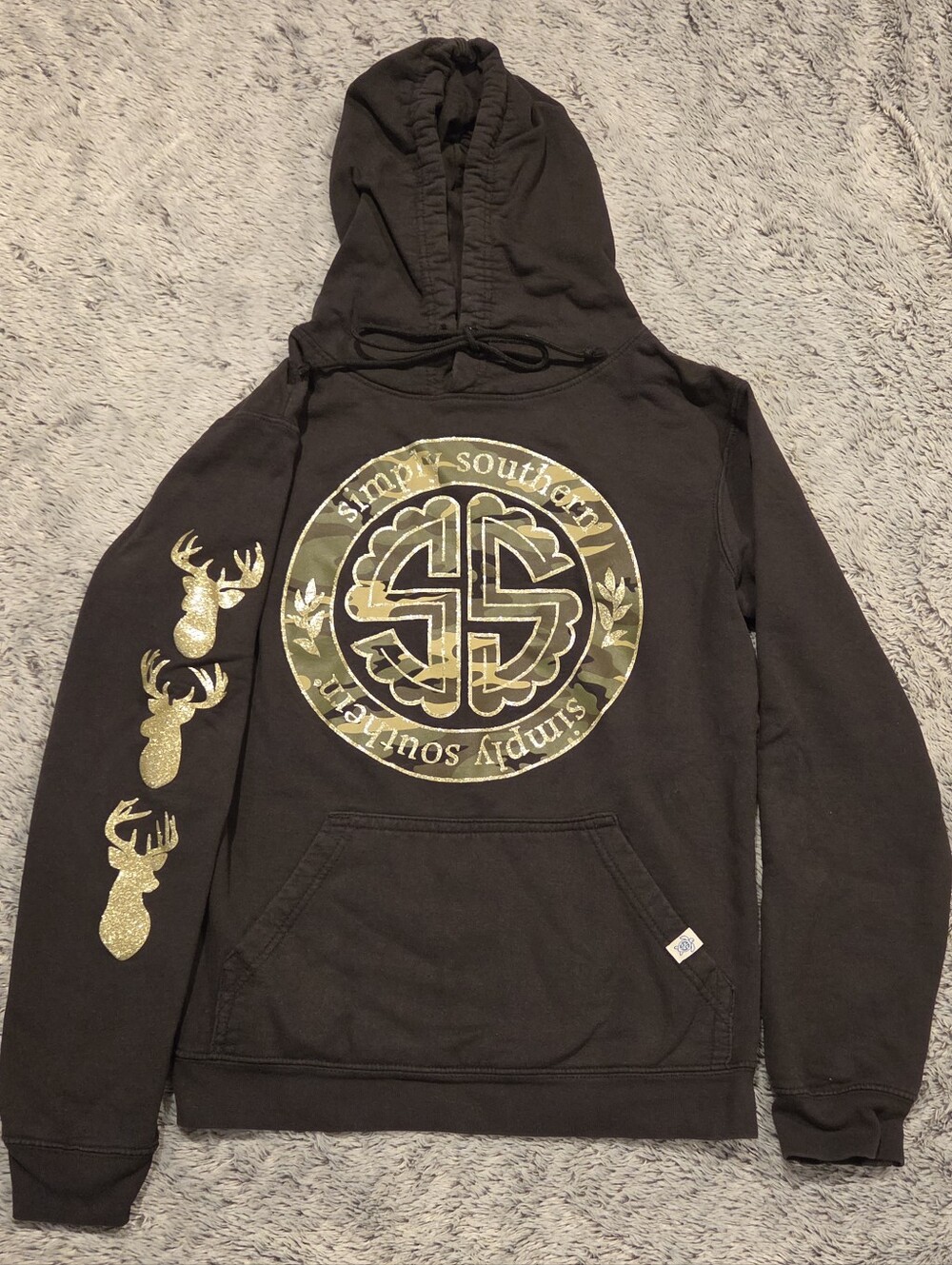Simply Southern Black Hoodie with Gold Camo Crest and Glitter Gold Deer Sz Small